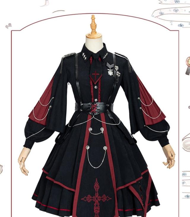 ミニロリ 軍服ロリータ フルセット  ミリタリーロリィタ ブラック 黒 膝丈 レディース ロリータアウター 着?せ 女の子 長袖あり ゴスロリ 柔らかい 軽い着心地 ミニロリ 軍服ロリータ フルセット ミリタリーロリィタ ブラック 黒 膝