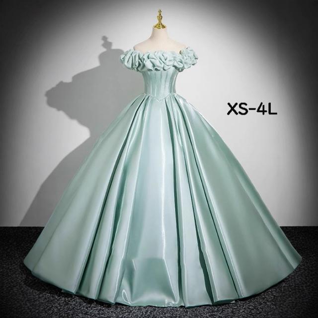 カラードレス レディース ロング丈 パニエ付き ピアノ 発表会 パーティードレス 結婚式  イブニングドレス  オフショルダー  フォーマル  着痩せ きれいめ  編み上げ エレガント お呼ばれ 二次会 披露宴 演奏会 忘年会 司会ドレス ライトグリーン  XS-4L