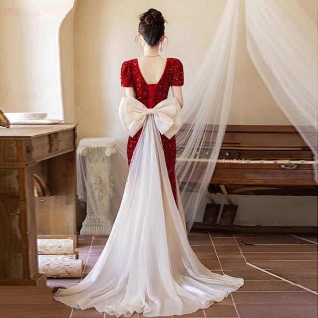 ドレス マーメイドライン ビッグリボン 大人 ピアノ 発表会 ロング