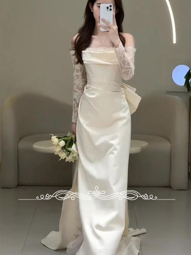 ウェディングドレス オフショルダー ビッグリボン レース 花嫁 白