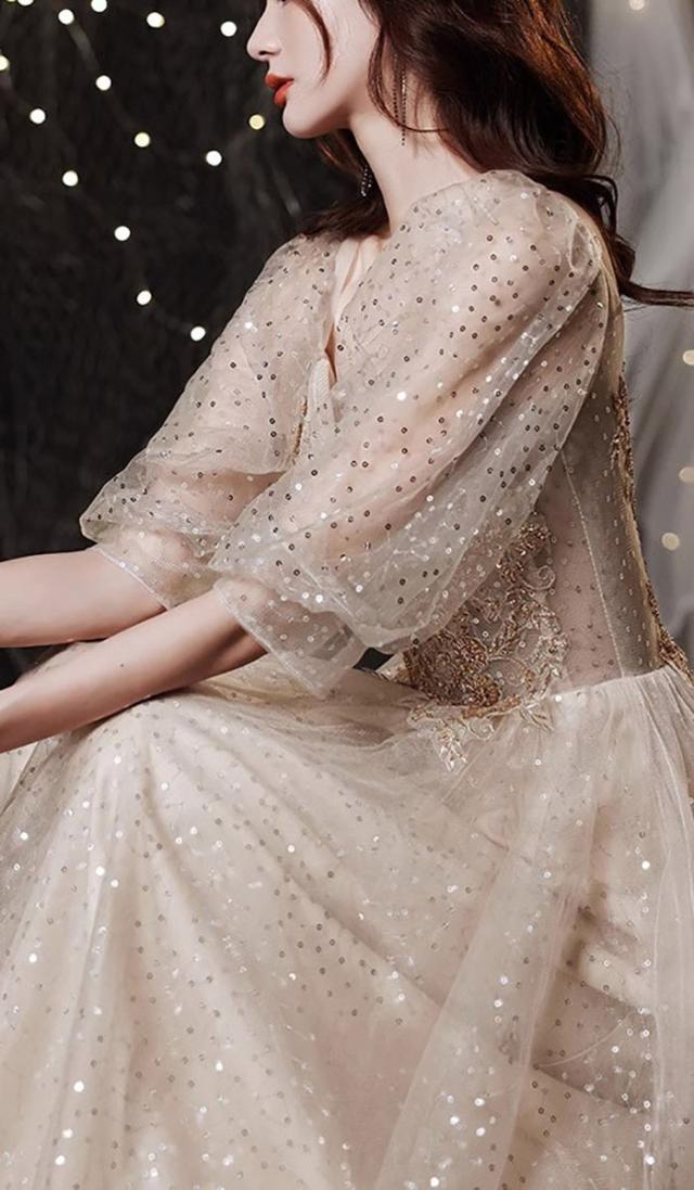 ドレス 五分袖 キラキラ 大人 ピアノ 発表会 ロングドレス 演奏会 演奏