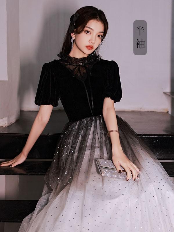 パーティードレス ロング 演奏会 袖付き キラキラ ドレス ブラック 黒