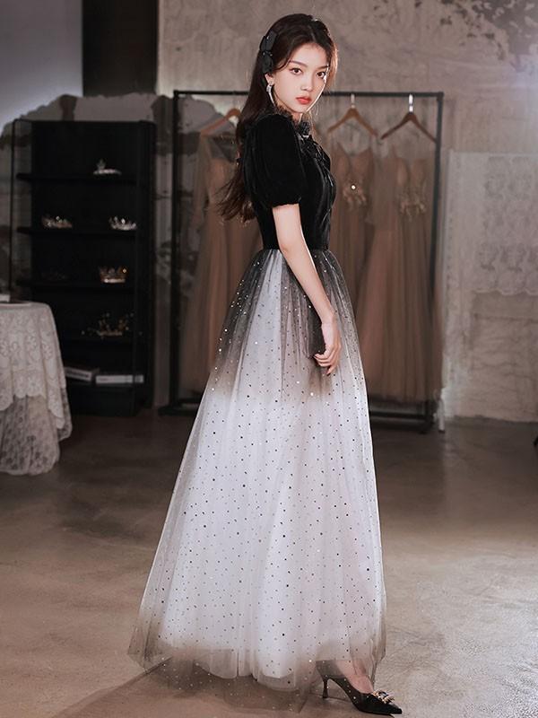 パーティードレス ロング 演奏会 袖付き キラキラ ドレス ブラック 黒