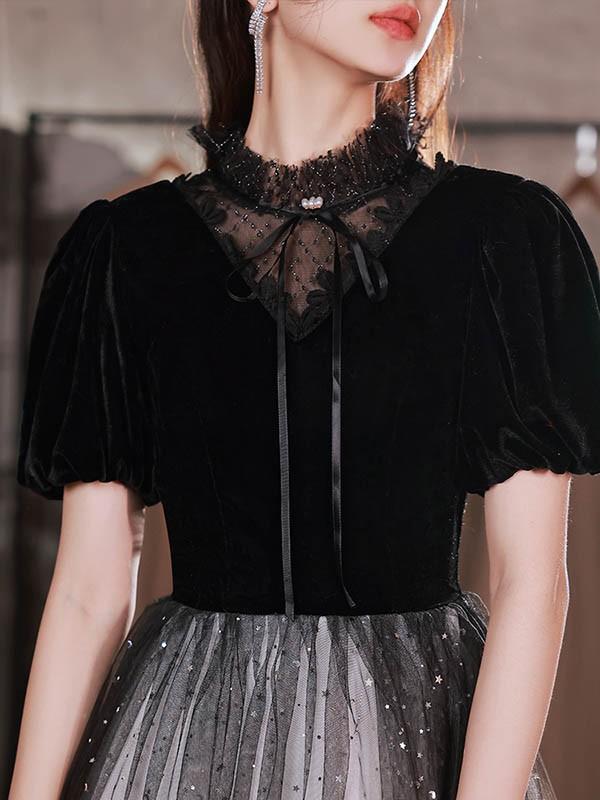 パーティードレス ロング 演奏会 袖付き キラキラ ドレス ブラック 黒