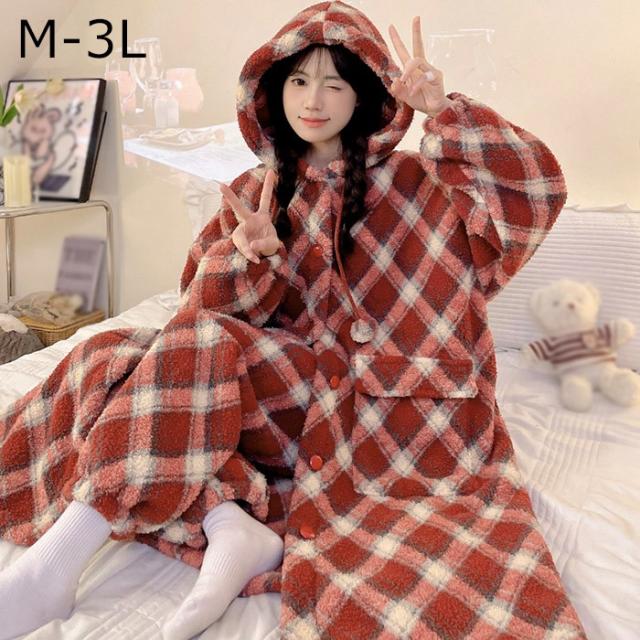 赤チェック柄 もこもこ ルームウェア 上下セット パジャマ 冬 長袖 寝巻き 部屋着 暖かい あったか モコモコ 大人用 ふわふわ レディース 女性用 かわいい 可愛い ギフト プレゼント