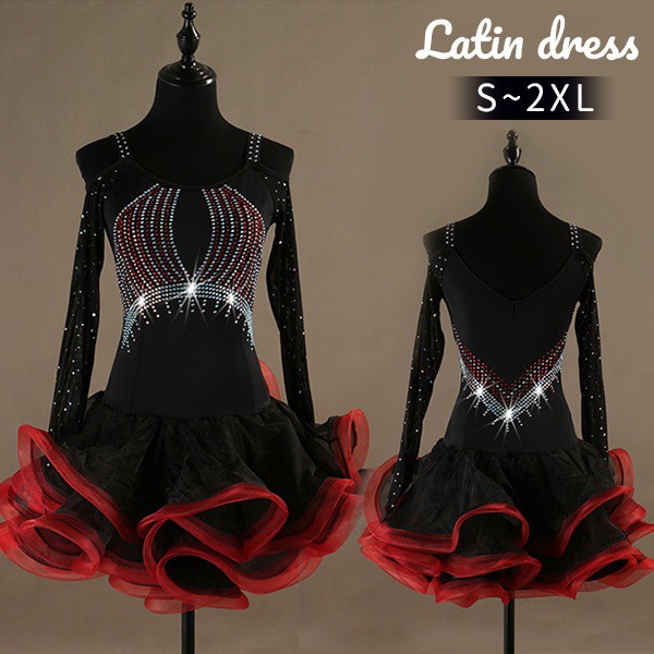 【レビュー投稿で+5%還元】社交ダンス ラテンドレス 競技用ドレス 長袖 キャミソール ワンピース ステージ衣装 ラテン専用ドレス レッスン着 ラテンドレス スパンコール 発表会用 社交ダンス演出服 ルンバ サンバ ワルツ フリル裾 ブラック レッド S M L XL 2XLas002s1