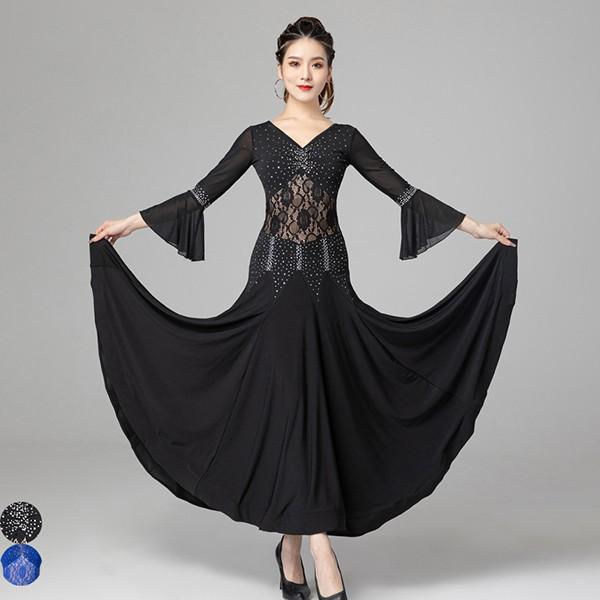 社交ダンスドレス 社交ダンス モダンドレス 大きいサイズ 長袖 広がる裾 スタンダードドレス ワルツダンス ワンピースドレス ダンス衣装 ダンスウェア ステージ衣装 競技会 カラオケ デモ パーティー 発表会 競技着 練習着 舞台 演奏会 演出 ブラック ブルーas046s1s1zr