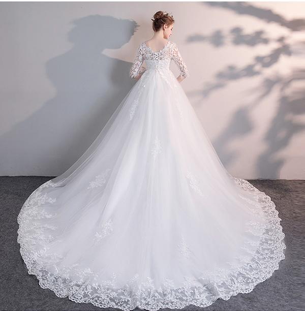 花嫁 ウェディングドレス ハイウエスト 妊婦もOK 大きいサイズ 袖あり