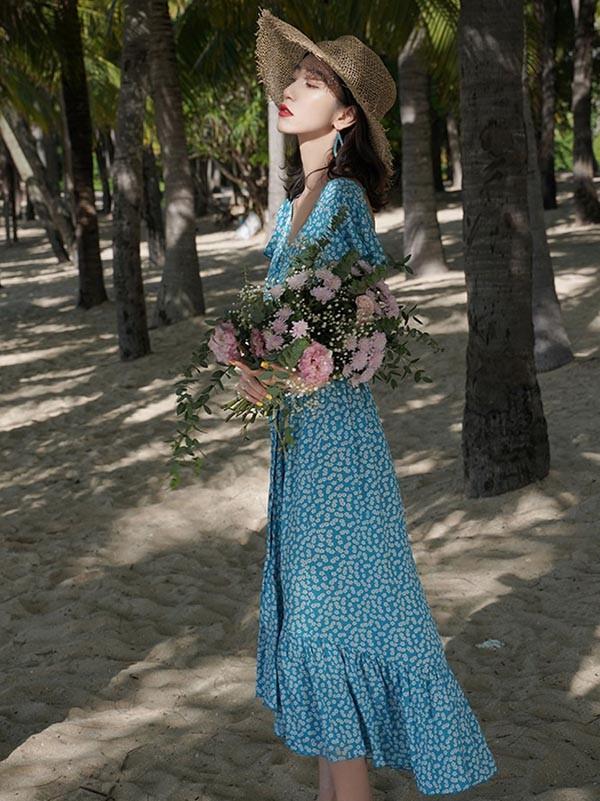 レビュー投稿で+5%還元】ハワイ リゾートワンピース マキシ丈 半袖 V