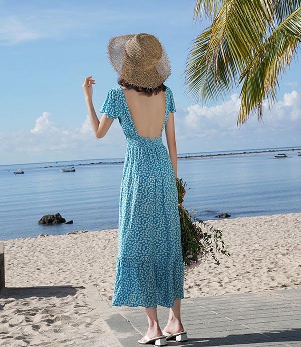 レビュー投稿で+5%還元】ハワイ リゾートワンピース マキシ丈 半袖 V