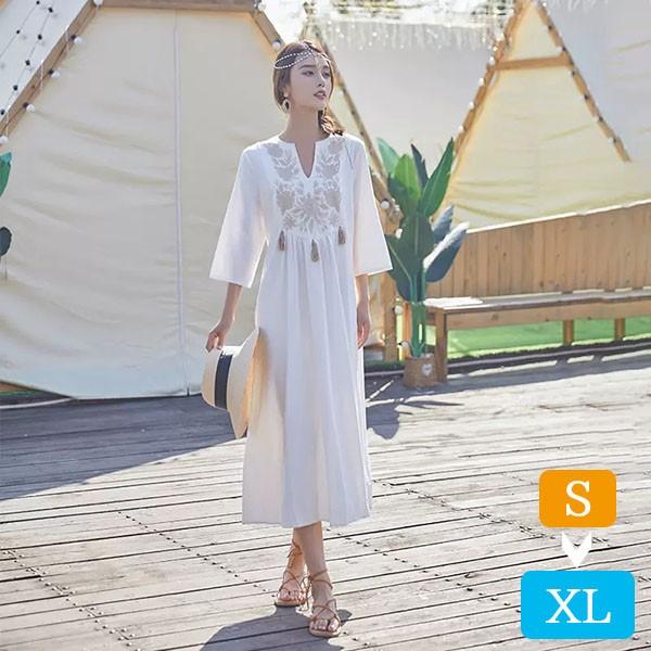 【レビュー投稿で+5%還元】ハワイ リゾートワンピース マキシ丈 七分袖 体型カバー 大きめ ゆったり 刺繍 民族風 夏ワンピ ロングワンピース 沖縄 海外旅行 ホワイト レディース マキシワンピース おしゃれ 大人可愛い