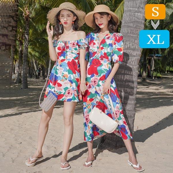 【レビュー投稿で+5%還元】ハワイ リゾートワンピース 選べるタイプ ミモレ丈 ショート丈 半袖 五分袖 オフショルダー Ｖネック 花柄 総柄 体型カバー 夏ワンピ ロングワンピース 沖縄 海外旅行 レディース 友人 姉妹 マキシワンピース おしゃれ 大人可愛い