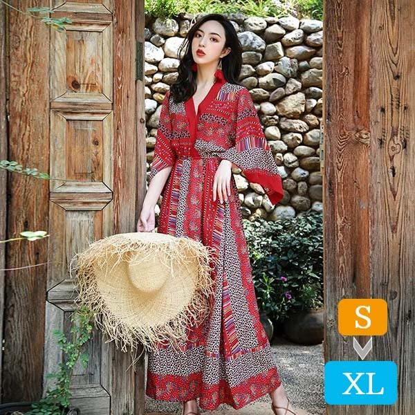 【レビュー投稿で+5%還元】ハワイ リゾートワンピース マキシ丈 七分袖 Vネック ゴムウエスト 体型カバー 大きめ ゆったり 民族風 ゴムウエスト 夏ワンピ ロングワンピース 沖縄 海外旅行 赤 レディース マキシワンピース おしゃれ 大人っぽい