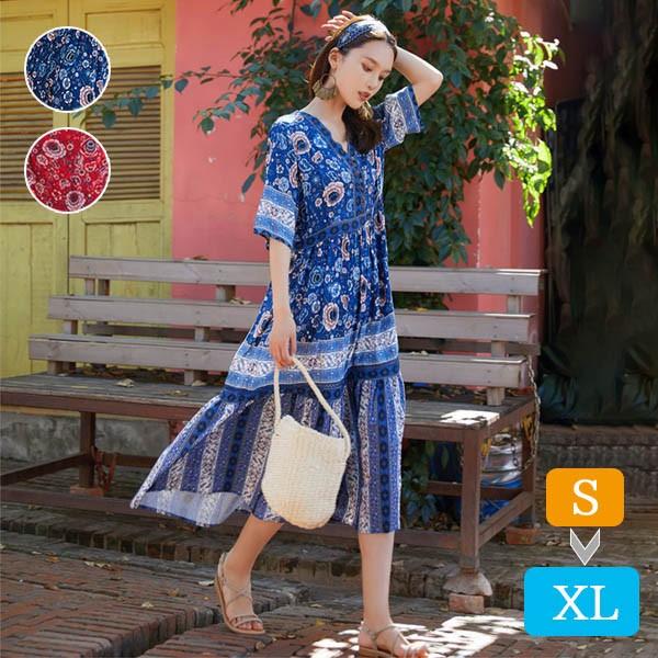 【レビュー投稿で+5%還元】ハワイ リゾートワンピース ミモレ丈 五分袖 Vネック 体型カバー 大きめ ゆったり 民族風 夏ワンピ ロングワンピース 沖縄 海外旅行 レッド ネイビー レディース ロングワンピース おしゃれ 大人可愛い