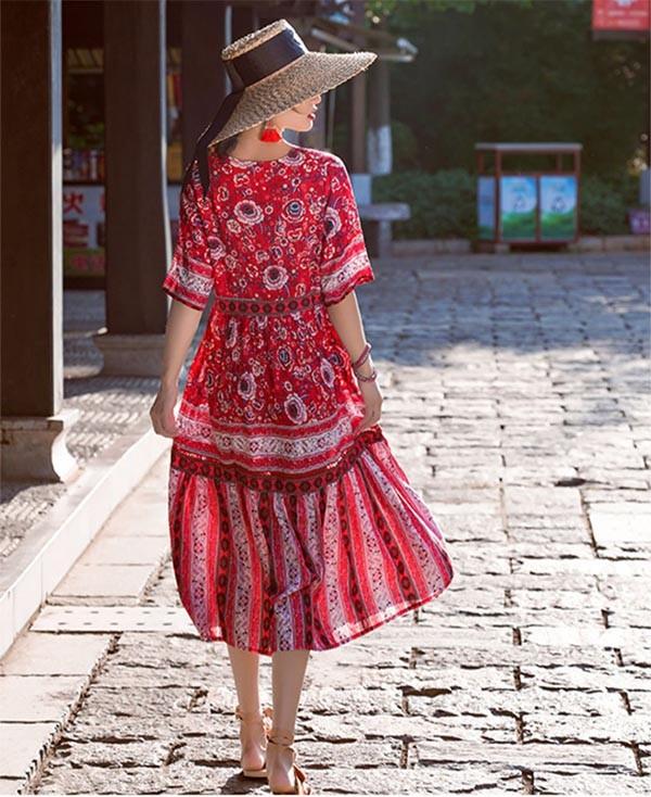 レビュー投稿で+5%還元】ハワイ リゾートワンピース ミモレ丈 五分袖 V