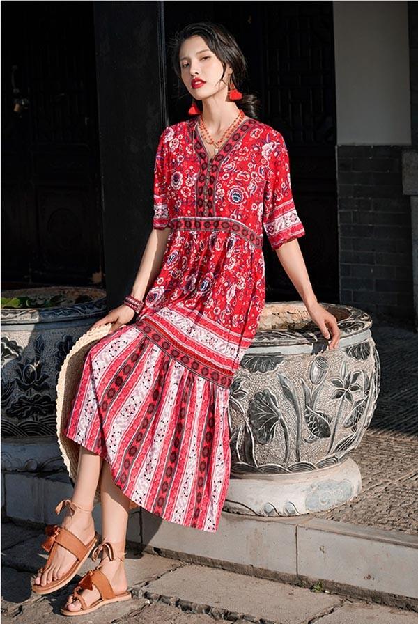 レビュー投稿で+5%還元】ハワイ リゾートワンピース ミモレ丈 五分袖 V