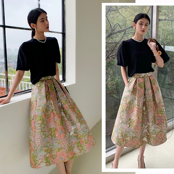 レビュー投稿で+5%還元】スカート ひざ下 ピンク 花柄 ポケット付き