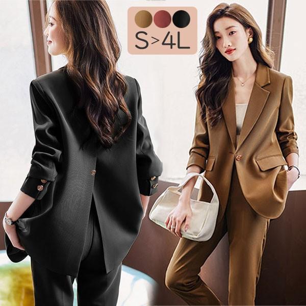 【レビュー投稿で+5%還元】パンツスーツ レディース 大きいサイズ フォーマル 通勤 事務服 就職活動 面接 仕事着 長袖 オフィス ビジネス 事務服 制服 おしゃれ 無地 黒 赤 ブラウン S M L 2L 3L 4L dp136t2