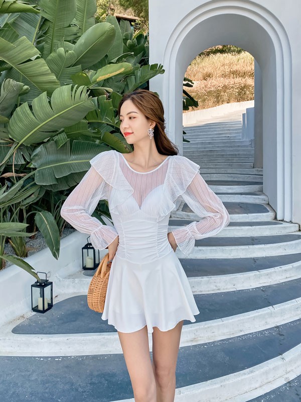 【レビュー投稿で+5%還元】水着 レディース パフスリーブ レオタード水着 パッド付 かわいい ピンク 大きいサイズ シアー袖 フリル 小胸 夏 海 ビーチ 温泉旅行 df035x0x0l9