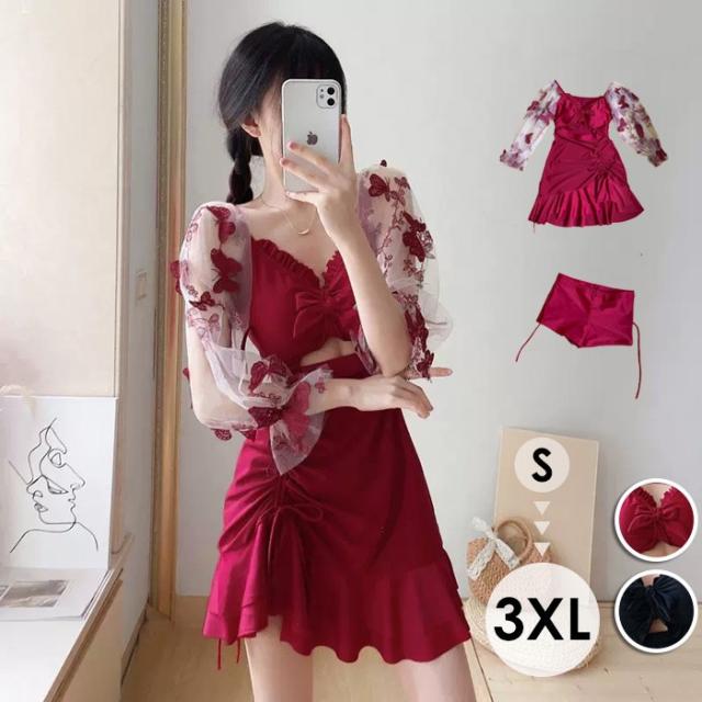 ワンピース水着 レディース 2点セット ワンピース+パンツ 体型カバー フリル リボン チラ見え ブラック レッド 大人カラー 長袖 透け感 露出控えめ パッド付 大きいサイズ 海 プール 旅行 温泉 かわいい セクシー 韓国風 大人 df077x0x0m6