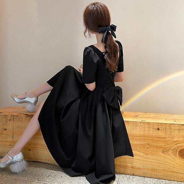 【レビュー投稿で+5%還元】ドレス ミモレ丈 大人 ピアノ 発表会 ドレス 演奏会 ミディアムドレス 袖あり 背中開き スクエアネック サテン パーディー Aライン レビュー投稿で+5%還元】ドレス ミモレ丈 大人 ピアノ 発表会 ドレス