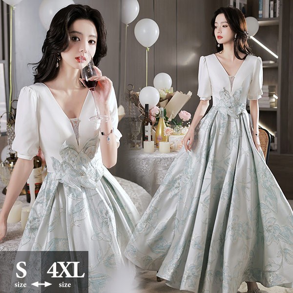 ロングドレス 演奏会 ピアノ 発表会 ツヤ感 花レース 刺繍 グレードレス Vネック 袖あり ポワン袖 フェミニン エレガント大きいサイズ 5L 大人 母親 結婚式 体型カバー 謝恩会 卒業式 花嫁 ステージ グレー 灰色 ホワイト 白 20代 30代 40代 da206x1x1zr