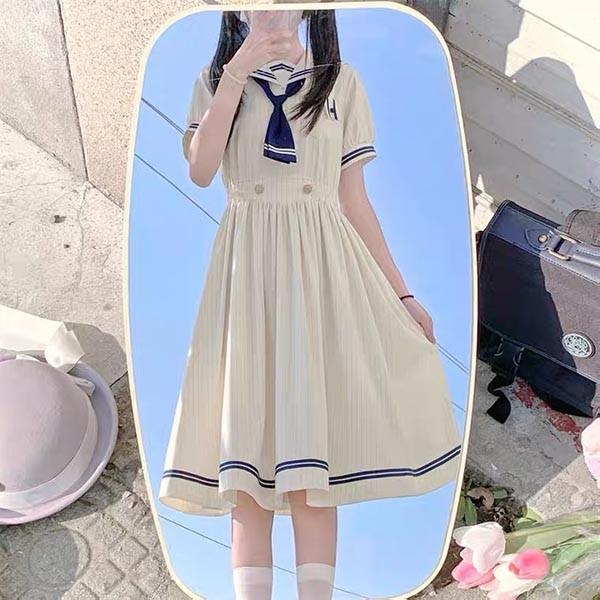 【レビュー投稿で+5%還元】ワンピース ビッグカラー セーラー風 胸元リボン 半袖 夏用 夏服 かわいい レディース デコ襟 大きいサイズ ロリータ ミモレ丈 レビュー投稿で+5%還元】ワンピース ビッグカラー セーラー風 胸元