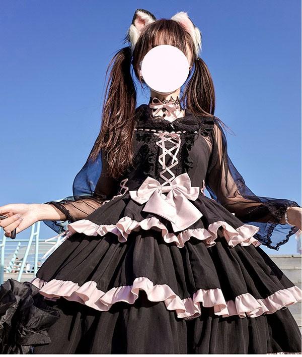 ロリータ ブラック 袖なし ミニ丈 ワンピース コスプレ衣装 ティアード