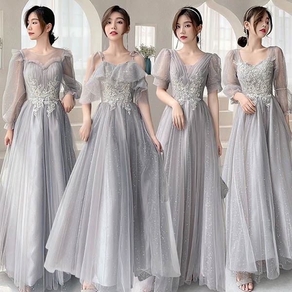 【レビュー投稿で+5%還元】ブライズメイド ドレス 大人 ピアノ 発表会 ロングドレス 演奏会 結婚式 母親 ピアノ発表会 グレー 袖付き ワンピース 半袖 演奏会ドレス 演奏会用ドレス パーティードレス イブニングドレス ロング丈 大きいサイズ 小さいサイズ フォーマル