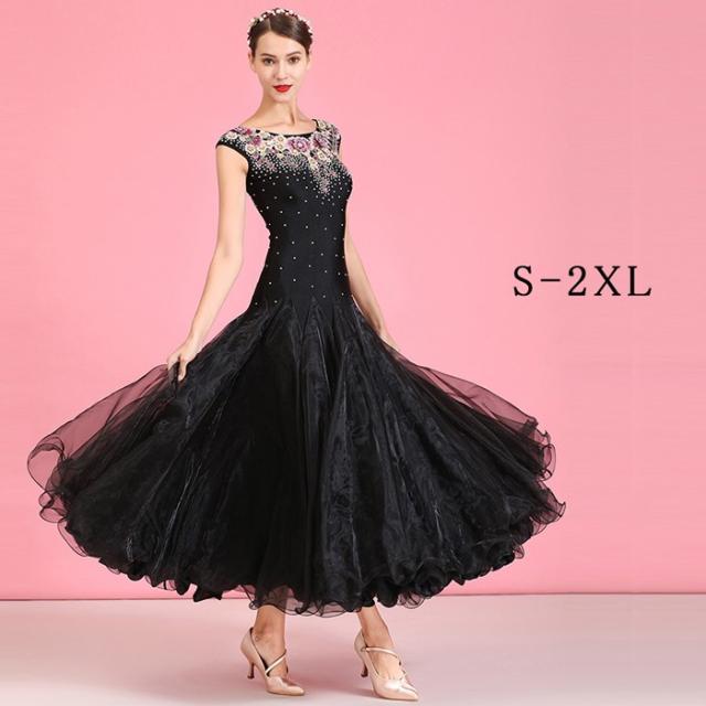 高品質 社交ダンス ドレス 社交ダンス衣装 花柄 初心者 練習着 広がる裾 発表会用 ワンピース パーティー スタンダード レッスン着 発表会 競技着 演出用 開場ドレス ワルツ専用ドレス ロング丈 オールシーズン ブラック S M L XL 2XL be199zbzbm5