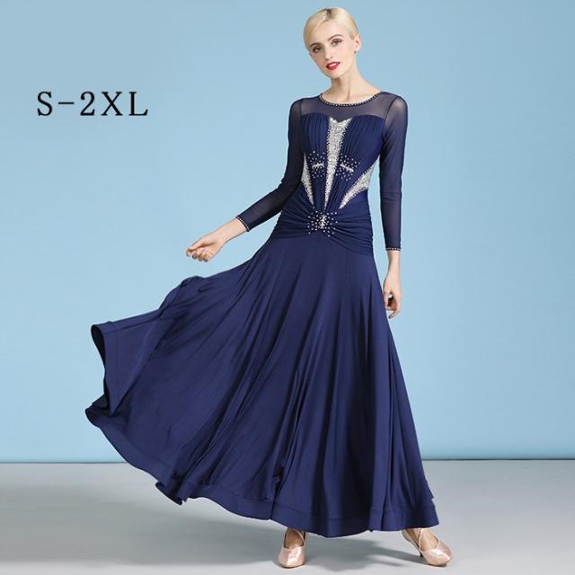高品質 社交ダンス ドレス 社交ダンス衣装 長袖 豪華 キラキラ 初心者 練習着 広がる裾 発表会用 ワンピース パーティー スタンダード レッスン着 発表会 競技着 演出用 開場ドレス ワルツ専用ドレス ロング丈 オールシーズン ネイビー S M L XL 2XL