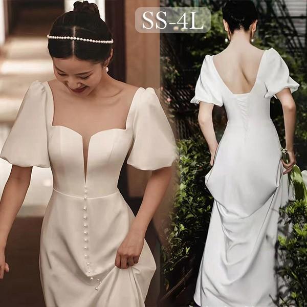 【レビュー投稿で+5%還元】ウェディングドレス ホワイト 白 ロングドレス バルーンスリーブ 袖あり 背中開き 編み上げ 花嫁 結婚式 披露宴 お呼ばれ 20代 30代 40代 前撮り 後撮り フォト婚 bi041ze