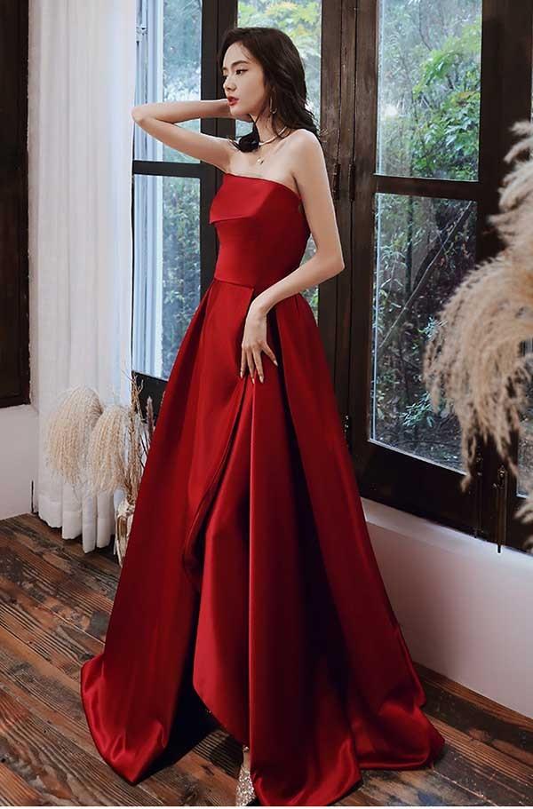 パーティードレス ロングドレス ドレス 結婚式 スリット ベアトップ サテン 袖なし 演奏会 ロング丈 編み上げ 成人式 上品 大人 ピアノ 発表会 Aライン ステージドレス 二次会 母親 ウエディング ワンピース