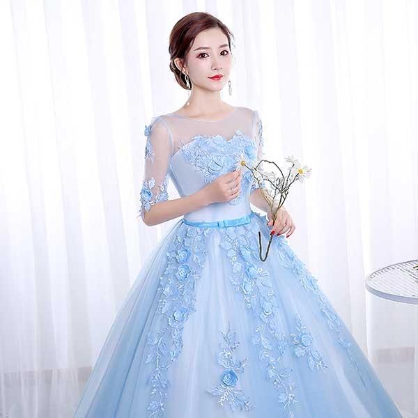 カラードレス ロングドレス 袖あり ライトブルー ウェディングドレス ロング丈 パーティードレス 大きいサイズ ピアノ 発表会 成人式 演奏会用ドレス 大人 ステージ衣装 舞台衣装 二次会 コンサート 編み上げ イブニングドレス ds138zezel9 カラードレス ロングドレス 袖あり ライトブルー ウェディングドレス