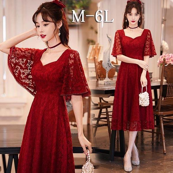 【レビュー投稿で+5%還元】ドレス 大人 ピアノ発表会 演奏会 結婚式 フェミニン パーティードレス ロングドレス 袖あり お呼ばれ 可愛い フェミニン ワインレッド