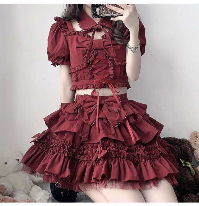 ロリータ コスプレ シャツ スカート 赤 セット 二点スカート