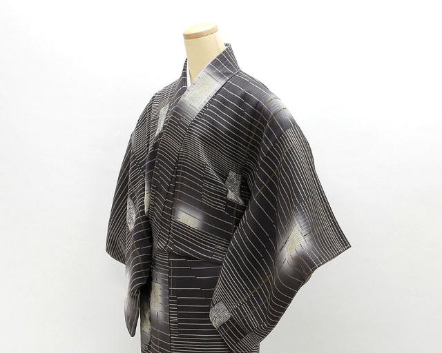 きもの翔鶴] 小紋 未着用美品 正絹 横縞花模様 身丈163.5cm 裄