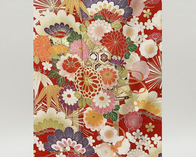 振袖 正絹 扇四季花模様 身丈170.5cm 裄丈70cm 振袖 美品 リサイクル