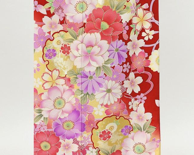 振袖 正絹 雪輪四季花模様 身丈167.5cm 裄丈66.5cm 振袖 美品