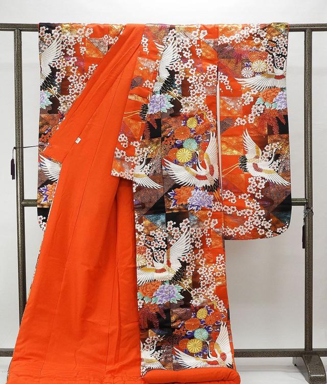 色打掛 正絹 舞鶴市松四季花模様 打掛 花嫁衣裳 婚礼 良品 リサイクル