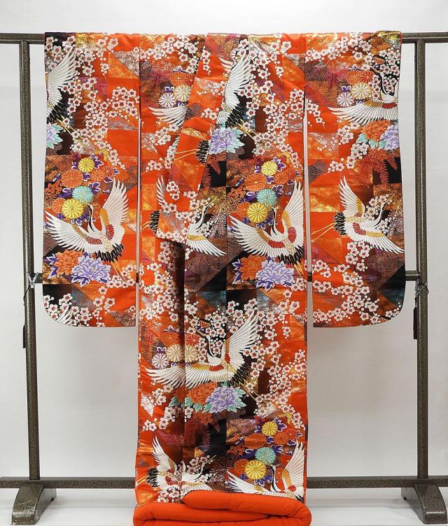 色打掛 正絹 舞鶴市松四季花模様 打掛 花嫁衣裳 婚礼 良品 リサイクル 中古 ブライダル ウエディング 着物 e3119_2