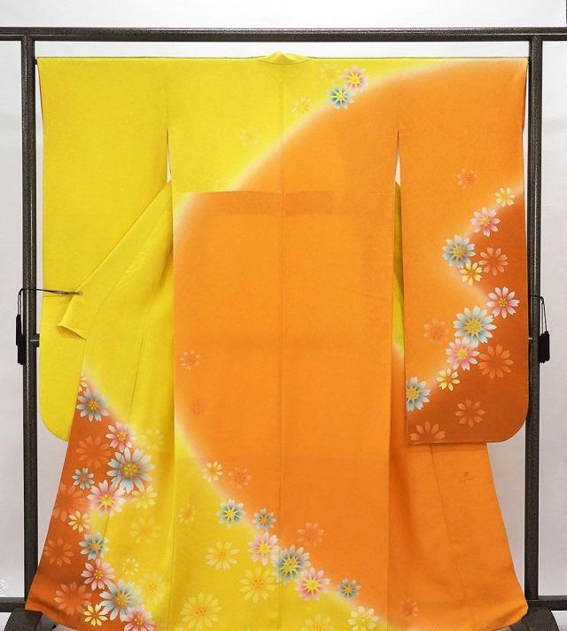 振袖 正絹 courregesクレージュ 花模様 身丈163cm 裄丈67cm 振袖 中古 着物 成人式 結婚式 e4034
