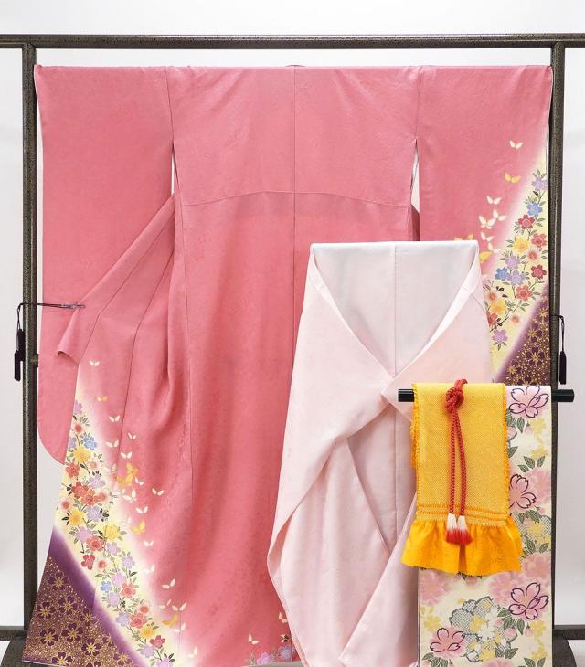 振袖 正絹 桜蝶々模様 5点セット 身丈163.5cm 裄丈69.5cm 袋帯 長襦袢 帯締め 帯揚げ 振袖5点セット 良品 リサイクル 中古 着物 e4076