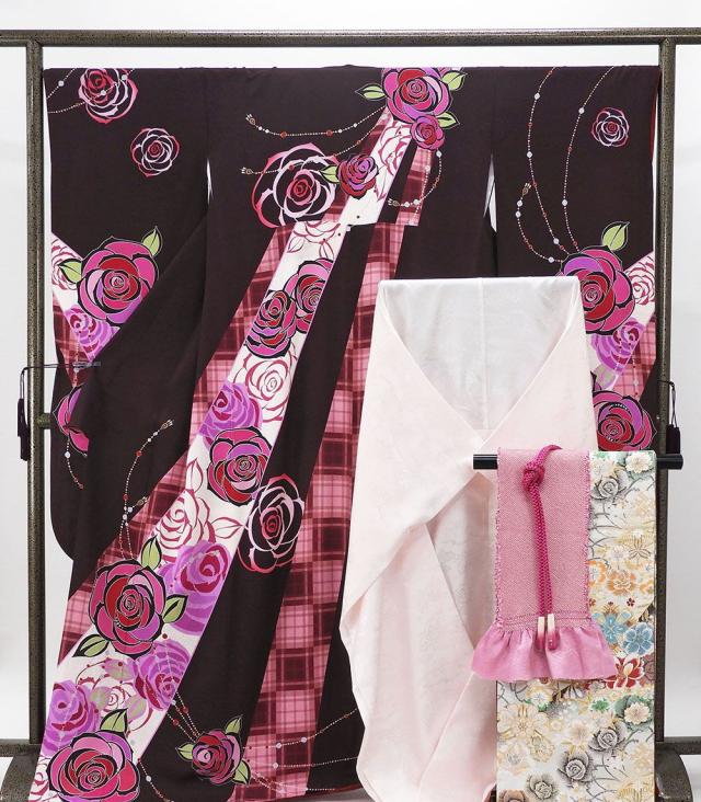 振袖 正絹 薔薇格子模様 5点セット 身丈170cm 裄丈67.5cm 袋帯 長襦袢 帯締め 帯揚げ 振袖5点セット リサイクル 中古 着物 e4077
