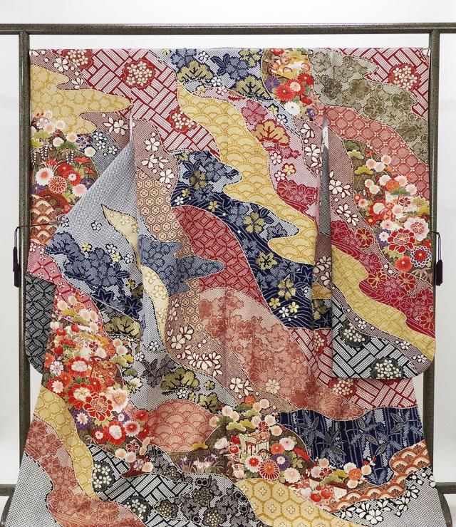 振袖 正絹 四季花匹田貝桶模様 5点セット 身丈172.5cm 裄丈69cm 袋帯 長襦袢 帯締め 帯揚げ 振袖セット リサイクル 中古 着物 e4084_1