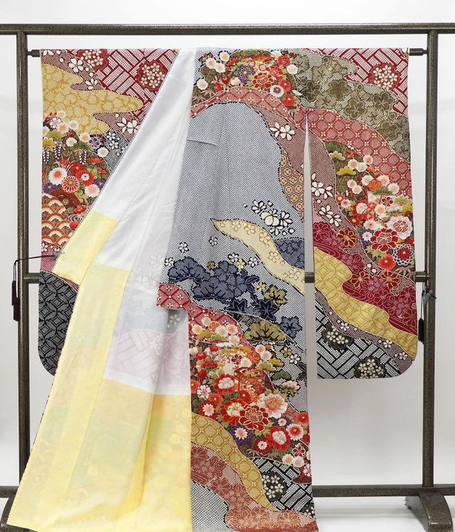 振袖 正絹 四季花匹田貝桶模様 5点セット 身丈172.5cm 裄丈69cm 袋帯 長襦袢 帯締め 帯揚げ 振袖セット リサイクル 中古 着物 e4084_2