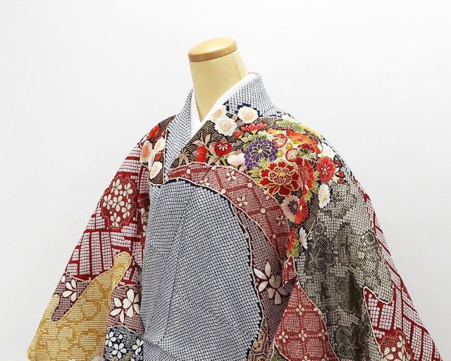 振袖 正絹 四季花匹田貝桶模様 5点セット 身丈172.5cm 裄丈69cm 袋帯 長襦袢 帯締め 帯揚げ 振袖セット リサイクル 中古 着物 e4084_3