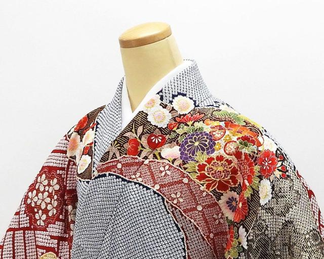 振袖 正絹 四季花匹田貝桶模様 5点セット 身丈172.5cm 裄丈69cm 袋帯 長襦袢 帯締め 帯揚げ 振袖セット リサイクル 中古 着物 e4084_4