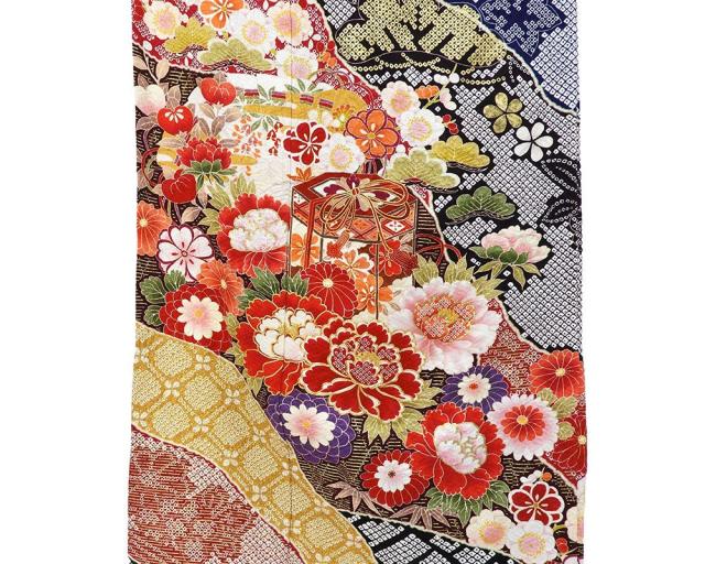 振袖 正絹 四季花匹田貝桶模様 5点セット 身丈172.5cm 裄丈69cm 袋帯 長襦袢 帯締め 帯揚げ 振袖セット リサイクル 中古 着物 e4084_5
