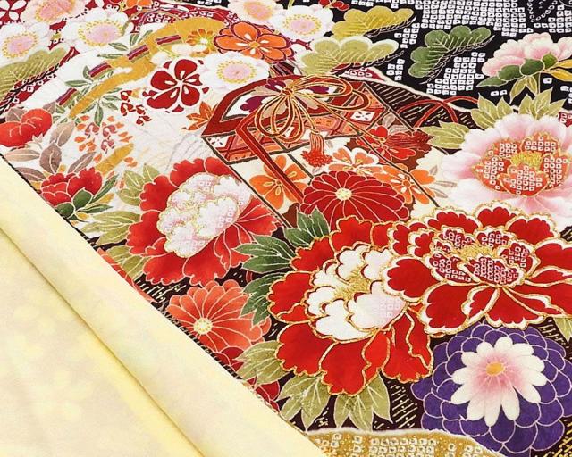 振袖 正絹 四季花匹田貝桶模様 5点セット 身丈172.5cm 裄丈69cm 袋帯 長襦袢 帯締め 帯揚げ 振袖セット リサイクル 中古 着物 e4084_6